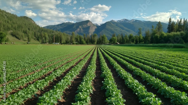 Fototapeta Neat Rows of Crops in a Lush Valley with Mountain Backdrop
