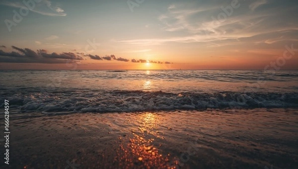 Fototapeta Golden sunset over a calm ocean beach with gentle waves, glowing horizon, and soft reflections on wet sand, ultra-HD landscape nature wallpaper, Generative AI