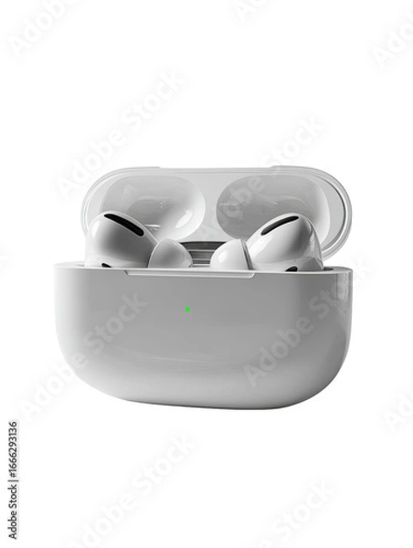 Fototapeta White wireless earbuds in charging case.  Open case reveals earbuds