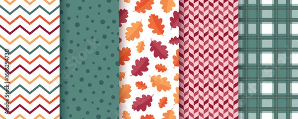 Fototapeta Autumn pattern. Seamless backgrounds with fall leaves, circles, check and zigzag. Set autumnal prints. Seasonal geometric textures. Collection harvest wallpapers. Vector illustration.
