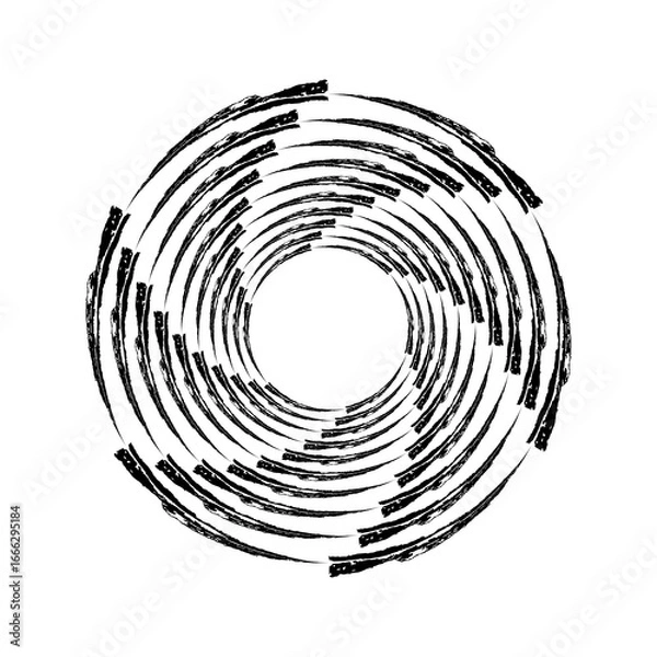 Obraz Black grungy brush strokes in vortex  form. Segmented circle. Geometric art. Circular shape. Trendy dirty design element for round logo, tattoo, sign, symbol, web, print, social media	