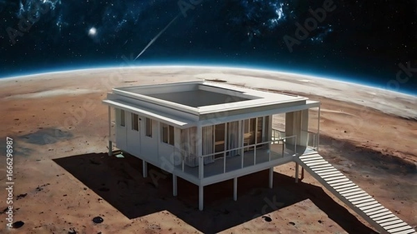 Fototapeta House terrace in outer space with Earth in the background