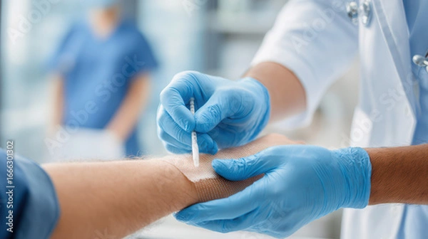 Fototapeta Innovative microneedle patches apply in medical procedure hospital environment healthcare close-up view skin treatment