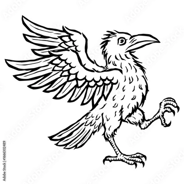 Obraz Hand drawn engraving style raven vector illustration. Vintage medieval crow or rook with spread wings, heraldic gothic bird design for tattoo, logo, coat of arms, fantasy art, or decorative print.