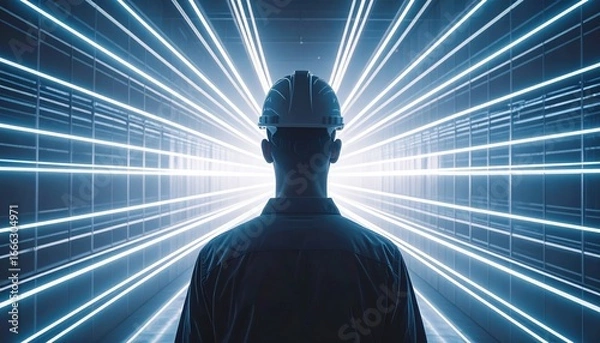 Fototapeta The Guiding Light: A silhouette of construction worker against a background of neon lights radiating outward, symbolizing progress, innovation, and the bright future.