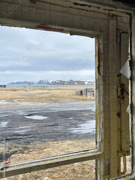 Obraz View from the window of abandoned school. Teriberka, Russia.