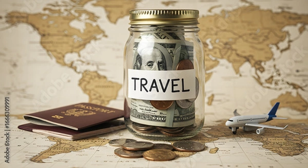 Obraz Travel Savings Jar with Passport, Airplane, and World Map Image