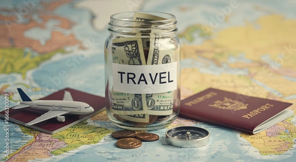 Obraz Saving for travel A jar filled with cash and travel essentials on a world map Image