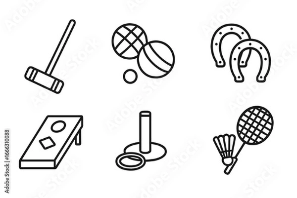 Fototapeta Lawn game vector icon set. Outline symbols for summer outdoor activities. Croquet, bocce ball, horseshoes, cornhole, ring toss, and badminton. Backyard fun and recreation.