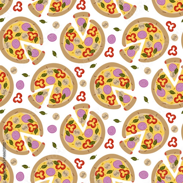 Fototapeta Pattern cooked round pizza with a triangular cut, with sausage filling. Special filling. Sausage, mozzarella, pepper, onion, spinach. Flat colored seamless texture. Ingredients are randomly arranged