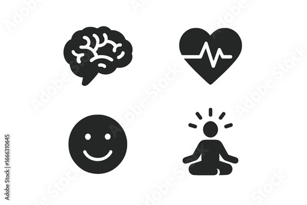 Fototapeta Mental wellness solid icon set. Psychology, health, and mindfulness symbols. Brain, heart pulse, happy face, and meditation person glyph. Emotional wellbeing concept vector.