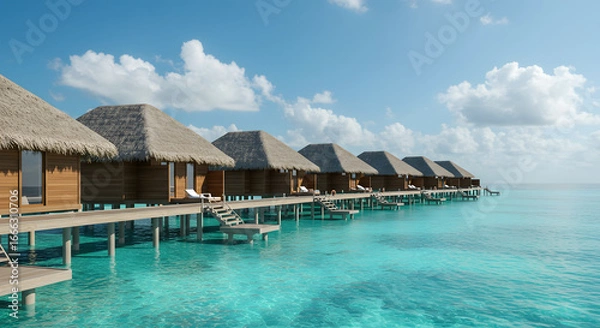 Obraz Overwater bungalows in a tropical paradise, crystal-clear turquoise waters image