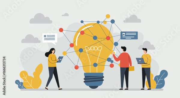 Fototapeta Three diverse individuals collaboratively develop a brilliant new business concept, connecting innovative ideas within a dynamic technological network.