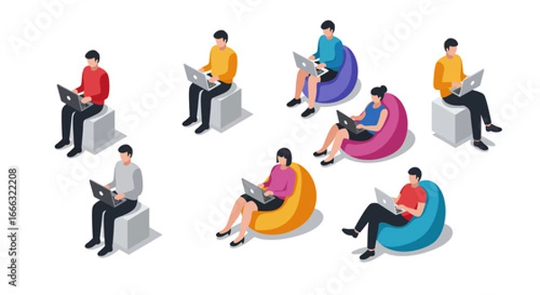 Fototapeta Multiple isometric individuals are comfortably engaged in various tasks using laptops, showcasing modern flexible remote work and digital connectivity.
