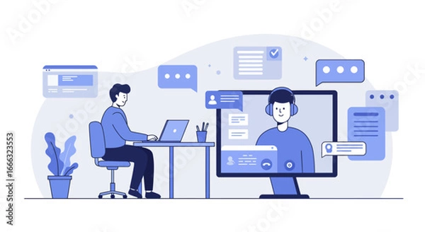 Obraz A dedicated professional conducts a virtual meeting from their modern home office, actively collaborating and communicating digitally with colleagues online.