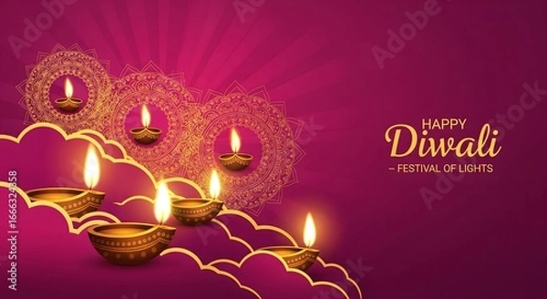 Fototapeta Golden Diwali diyas glowing with decorative mandala art on vibrant pink background, symbolizing prosperity, joy, and tradition during the Indian festival of lights