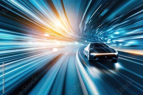 Fototapeta Futuristic sports car on dynamic neon light highway at high speed
