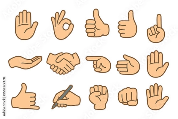 Fototapeta Vector hand gestures collection. Cartoon hands showing thumbs up, ok sign, pointing, handshake, and fist. Communication and business concept icons for web and mobile apps.