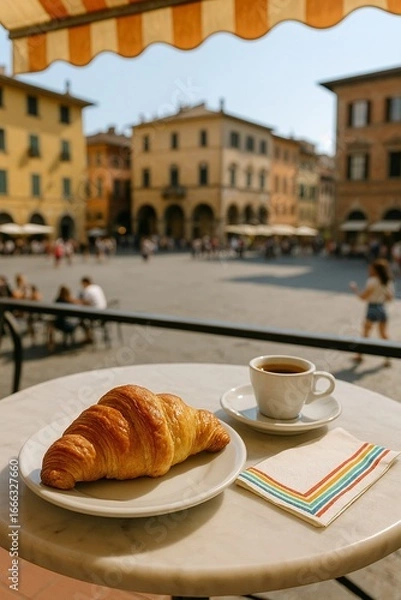 Obraz Frühstück mit Croissant und Kaffee auf Caféterrasse mit Blick auf sonnigen Stadtplatz