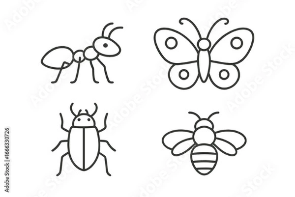 Fototapeta Set of insect line icons. Simple outline collection with ant, butterfly, beetle, bee. Minimalist vector graphic for nature, entomology, or educational concepts. Bug illustrations.