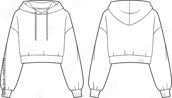 Fototapeta Cropped hoodie sweatshirt technical flat sketch vector template, long sleeve pullover with hood and drawstring, front and back view, casual fashion illustration