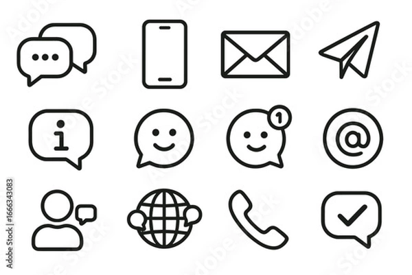 Fototapeta Communication line icon set vector. Digital messaging and contact icons. Chat, email, phone, and social media symbols for web and mobile app user interface design.