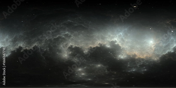 Fototapeta 360 degree space nebula. Giant interstellar cloud with stars, equirectangular projection, environment map. Spherical panorama. 3D rendering, Fractal image