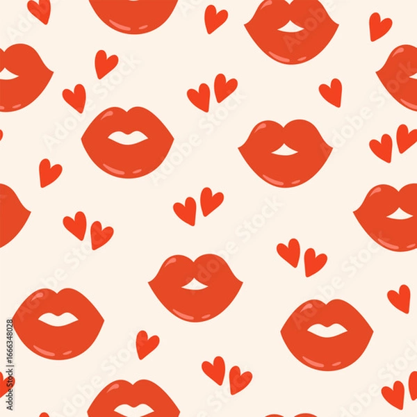 Fototapeta Colorful seamless vector pattern for Valentine's Day. Romantic red hearts and lips on a light background. Love concept. Happy Valentine’s day.