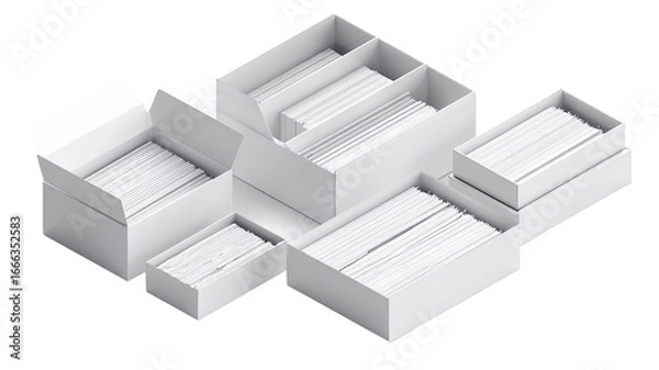 Fototapeta Organized, white boxes, stacked in compartments