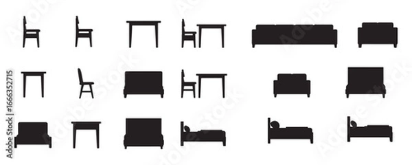 Fototapeta Silhouette vector illustration of CAD style furniture elements including chairs, tables, beds, and sofas shown in top view and side view for interior design and architectural floor plans