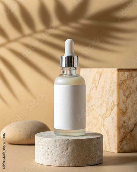 Fototapeta Unbranded serum dropper bottle mockup on minimal beige studio background with copy space