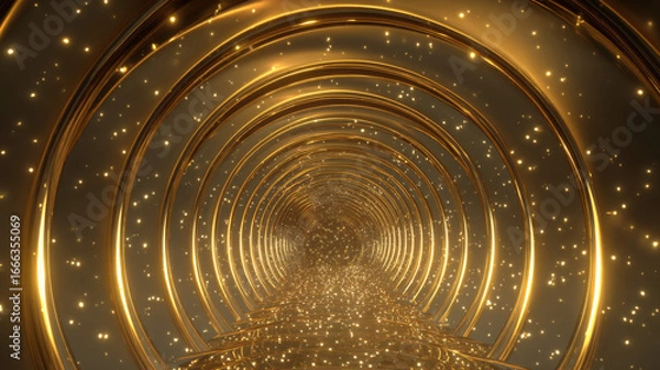 Fototapeta Luxury golden 3d tunnel background animation, abstract shimmering gold backdrop, seamless loop