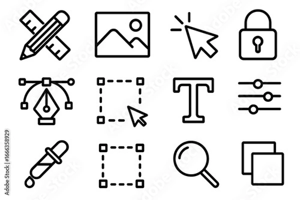 Fototapeta Graphic design and digital editing outline icon set. Vector tools collection for UI UX design. Pen tool, selection, text, layers, zoom, lock, and settings line icons.