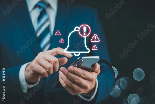 Fototapeta Business professional using smartphone interacting with digital notification alert icons representing alerts warnings urgent messages and system status updates on mobile device