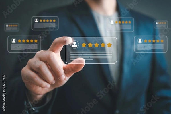 Fototapeta Close up of a person's hand interacting with a futuristic holographic interface displaying customer reviews and ratings for a business.