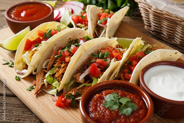 Fototapeta Delicious street tacos with salsa and sour cream Mexican food