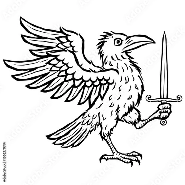 Obraz Hand drawn engraving style raven holding sword. Vintage medieval heraldic bird illustration in gothic style, ideal for tattoo design, folklore projects, TTRPG graphics, fantasy art.