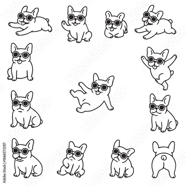 Fototapeta Vector illustration of cute French Bulldogs in sunglasses in different playful poses and expressions. Perfect for pet-related design and graphic projects