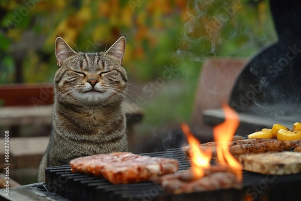 Fototapeta Generative AI image of a golden retriever and cat sitting near a flaming grill during an outdoor picnic, enjoying summer leisure together