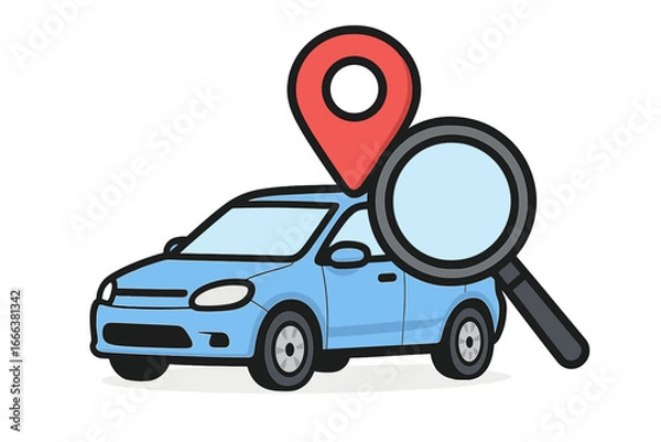 Obraz Car search with location pin and magnifying glass. Concept for vehicle tracking, GPS navigation, car rental, auto sharing, inspection, and finding a car. Vector illustration.