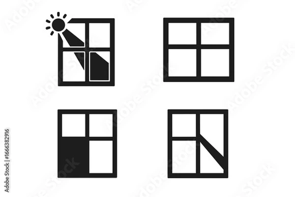 Fototapeta Window icon collection with solid filled design, vintage old window frames featuring light and shadow effects, sunbeam through window illustration, vector window set on transparent background