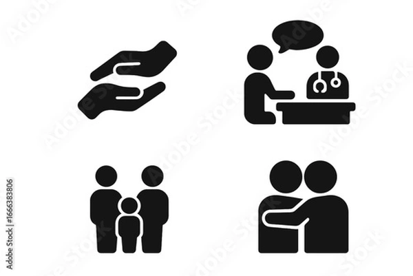 Obraz Support and care icon set. Vector glyph pictograms of helping hands, doctor consultation, family group, and friends hugging. Community, charity, and relationship concepts.