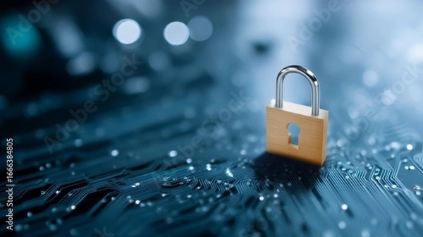 Fototapeta Digital security concept with glowing padlock hovering over circuit board with holographic effects for cybersecurity and data protection