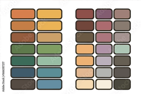 Obraz Color palette collection. Set of trendy color schemes. Swatches for design inspiration and creative projects. Vector guide with tones, shades, and samples. Muted, pastel, earthy colors.