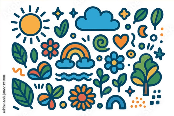 Fototapeta Collection of colorful nature doodles. Cute cartoon spring and summer icons. Sun, cloud, rainbow, flower, leaf, and tree. Abstract groovy eco vector graphic elements set.