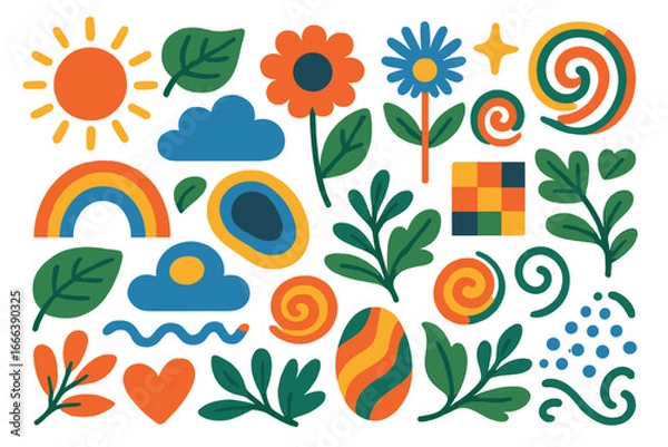 Obraz Set of colorful abstract nature elements. Naive retro 70s style doodle collection. Vector cartoon graphics with sun, flower, rainbow, leaves, heart and geometric shapes.