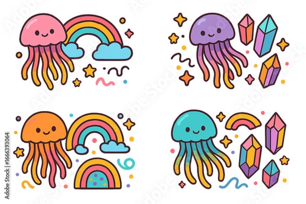 Fototapeta Cute kawaii jellyfish character set with rainbows, clouds, magic crystals. Whimsical sea animal mascot vector illustration pack for kids. Cartoon marine life clipart collection.