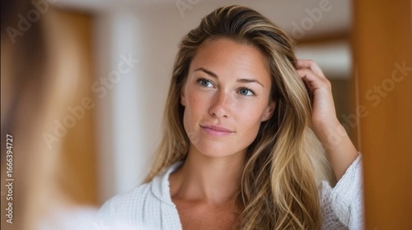 Fototapeta A young woman with long hair gazes at her reflection in a mirror, exuding confidence and self-care in a bright, serene setting.