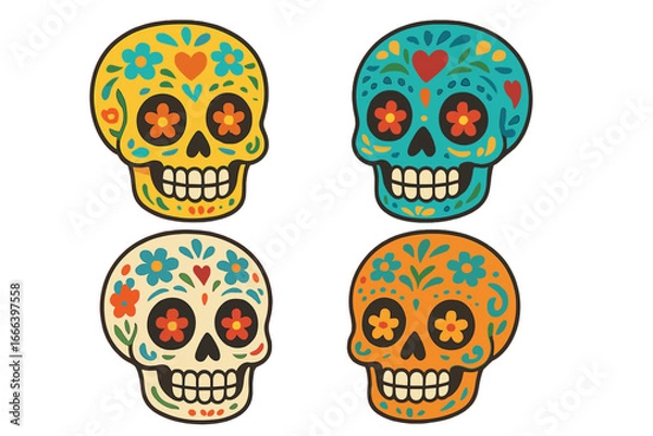 Fototapeta Set of sugar skulls for Dia de los Muertos. Day of the Dead in Mexico. Traditional Mexican holiday decoration. Calavera symbol with floral ornament. Vector cartoon icon set.
