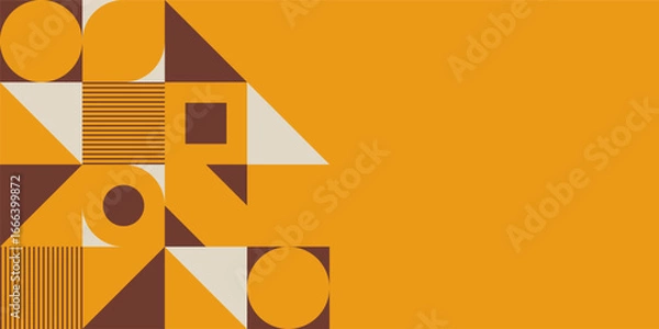 Fototapeta Abstract creative background, web banner in bauhaus style. Abstract geometric shapes composition. Brown and white shapes on yellow background. Vector color illustration in flat style.
